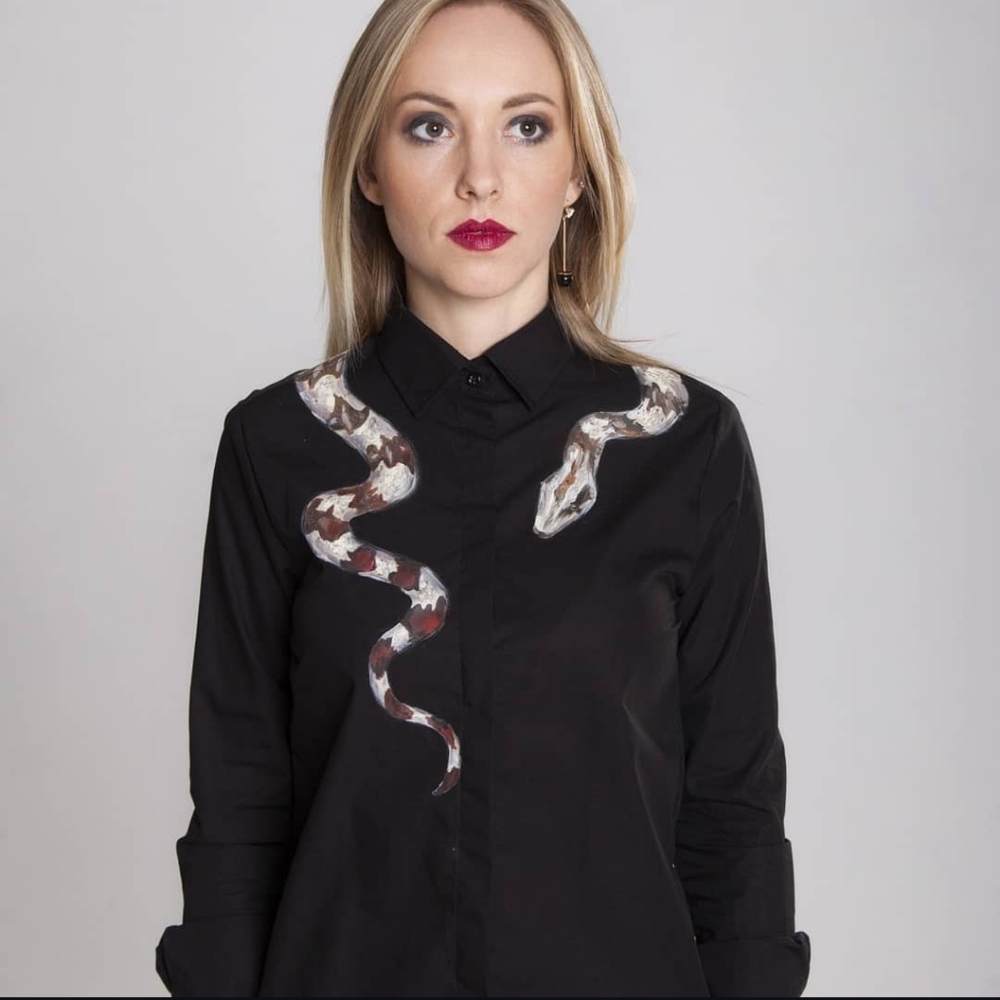 Handpainted Snake Black Button Down Shirt